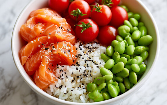 Fresh Salmon Poke Bowl with Cherry Tomatoes and Edamame over Rice, Healthy Meal
