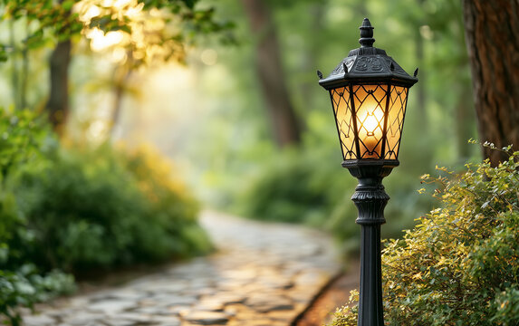 Elegant outdoor path lantern illuminates a tranquil forest trail with soft, warm light