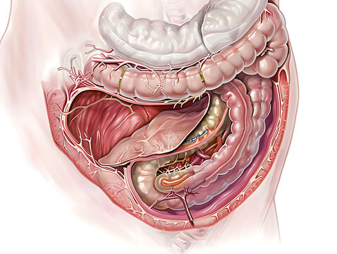 Medical anatomical illustration in sagittal (side) view showing a stoma after rectal removal.