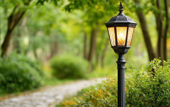 Elegant outdoor path lantern illuminates a tranquil forest trail with soft, warm light