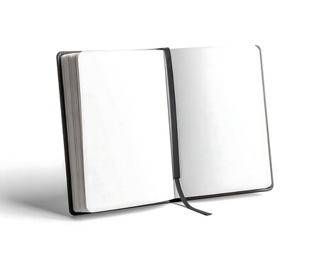 Open blank notebook with white pages and bookmark.