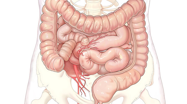 Medical illustration of a close-up of a colostomy in the left lower abdomen showing the surrounding anatomy.
Meditsinskaya illyustratsiya krupnym planom kolostomy v levoy nizhney chasti zhivota, pokaz