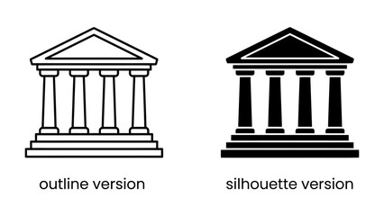 Ancient Greek Building Icon: A classic temple-like structure is depicted in both outline and silhouette versions, showcasing iconic classical architecture with columns and a triangular pediment. © Nazmul