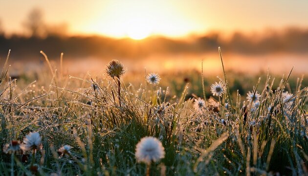 Macro Photograph Of Conyza Canadensis In A Grassy Field At Dawn