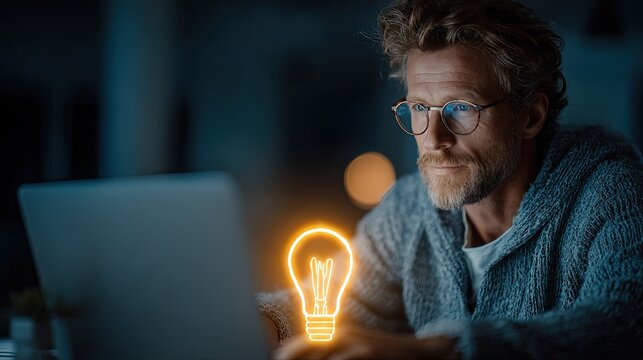 Side view young male professional laptop modern office holographic light bulb icon creative thinking innovation success concept image background 