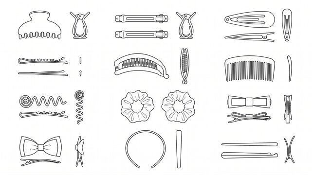 Set of Hair Accessories Line Art Vector Icons. Collection of Hair Clips, Barrettes, Pins, and Scrunchies.