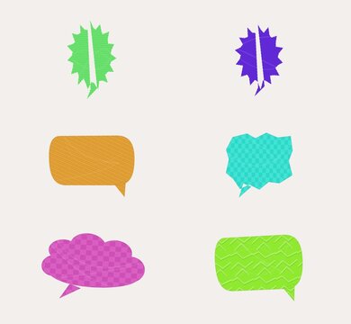 A collection of stylized paper speech bubbles featuring unique textures and vibrant colors, perfect for enhancing digital designs, social media content, and creative communication visual projects.