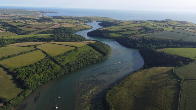 Aerial drone view of the River Avon Estuary from Aveton Gifford to Bantham, South Devon, England