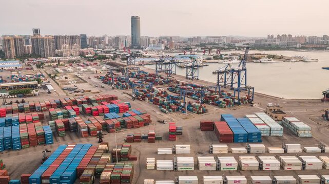 Container Terminal Time-lapse with Busy Cargo Operations, Port, China