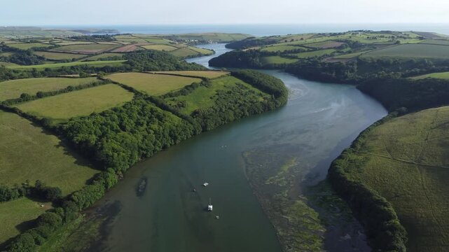 Aerial drone view of the River Avon Estuary from Aveton Gifford to Bantham, South Devon, England