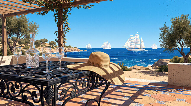 Sunny digital raster graphic illustration of a Mediterranean terrace with a straw hat, decanter and glasses on a table overlooking majestic sailing ships on a clear blue ocean scene