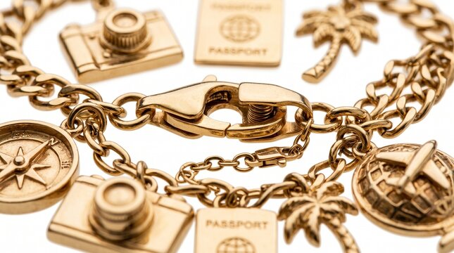Gold Travel Charm Bracelet with Airplane, Camera, and Passport Charms