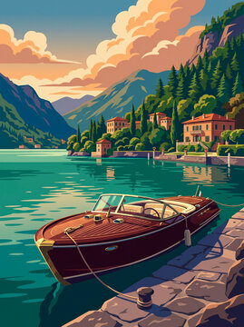 Picturesque vintage digital raster graphic illustration depicting a classic luxury wooden speedboat docked at a stone pier on a scenic Italian lake surrounded by mountains and villas