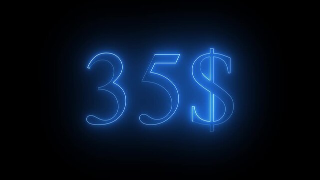 Glowing Neon 35$ Dolar Number Animation on Black Background 4K Resolution video.