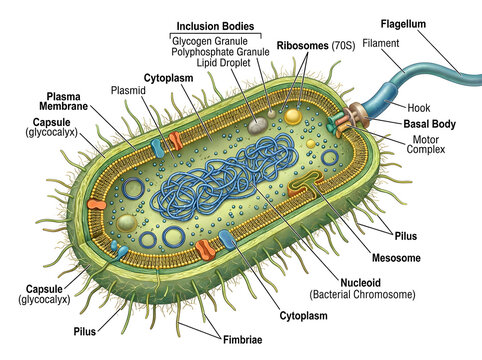 Detailed labeled diagram of bacterial cell structure isolated on white background