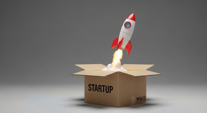 Toy rocket launching from a cardboard box with startup text label illustration