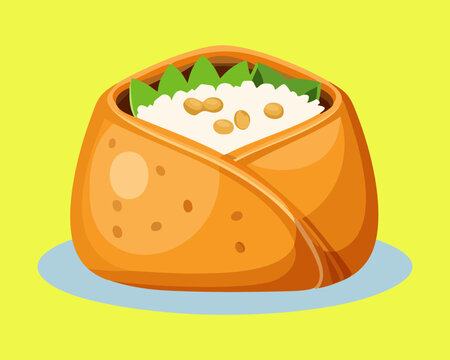 Sweet fried tofu skin pouch stuffed with seasoned sushi rice and garnished with green herbs - Vector Illustration