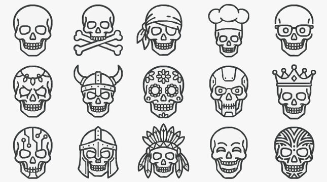 Elegant Black and White Skull Icons Collection with Unique Themed Accessories and Designs with high quality professional line art symbols for modern creative design and digital branding projects