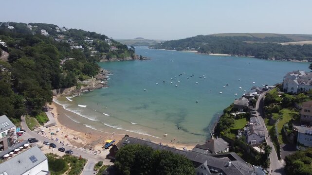 Aerial drone view of South Sands Beach near Salcombe, South Devon, England