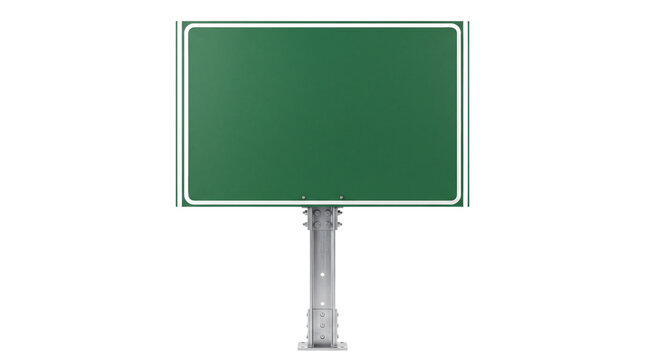 Blank Green Road Sign Mockup Isolated on Black Background, Empty Highway Billboard for Copy Space