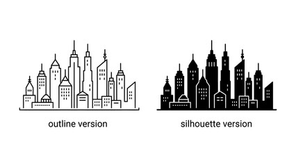 Cityscape Duo: A striking comparison of two city skyline representations, one in a clean outline and the other as a bold silhouette, showcasing modern urban architecture and design. © Tahura