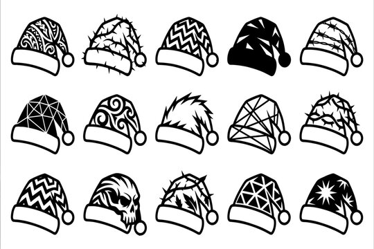 Collection of Creative Winter Hat Designs in Black and White Outline Art