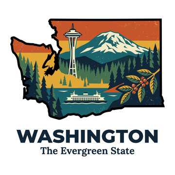 Washington state map showcasing iconic landmarks and nature