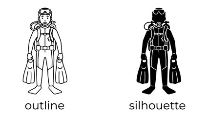 Scuba Diver Outline and Silhouette: Two distinct representations of a scuba diver, one a clear outline and the other a solid silhouette. © sanjida