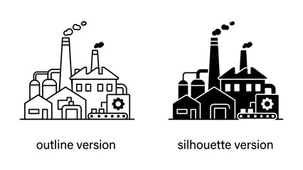 Obraz premium Factory Icons: A pair of industrial factory icons, presented in both outline and silhouette versions, depicting manufacturing and production with smokestacks and machinery.