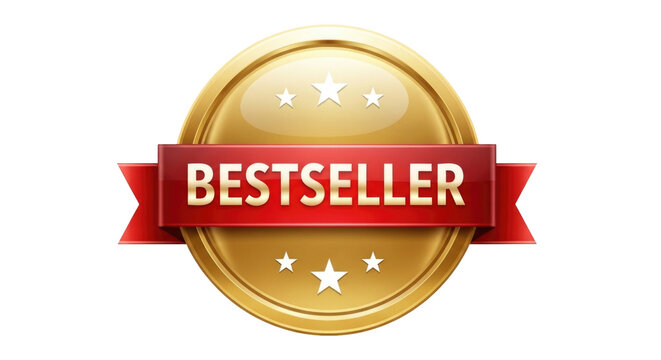 Gold Bestseller badge with red ribbon. Premium quality product label icon Cutout PNG