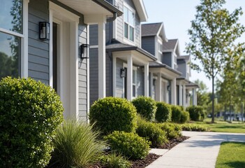 Fototapeta premium Modern townhouse exterior featuring balcony, landscaped garden, garage, driveway, sidewalk, and stylish facade, showcasing contemporary residential architecture, suburban living, curb appeal, and prop