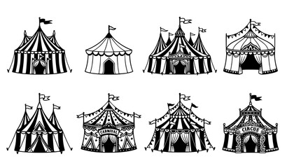 Unique circus tent collection with vintage carnival and big top black white vector designs © Jahangir