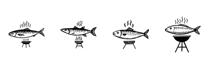 Fototapeta premium Grilled Fish And Barbecue Hand Drawn Doodle Icon Set. Cooking, Roasting, Serving And Outdoor Meal Sketch Symbol Collection. Food And Barbecue Cuisine. Isolated Vector Illustration