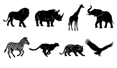 African Safari Wildlife Silhouette Set with Lion Rhino Giraffe Elephant Zebra Cheetah Tiger and Vulture Vector Art © HASAN
