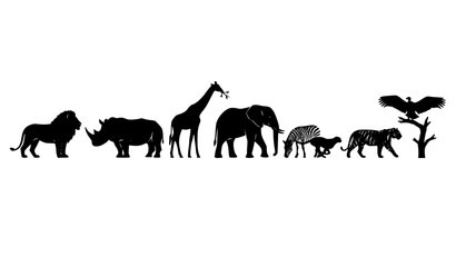 African Wildlife Silhouette Collection with Lion Elephant Rhino Giraffe Zebra Cheetah Tiger and Vulture Vector Set © HASAN