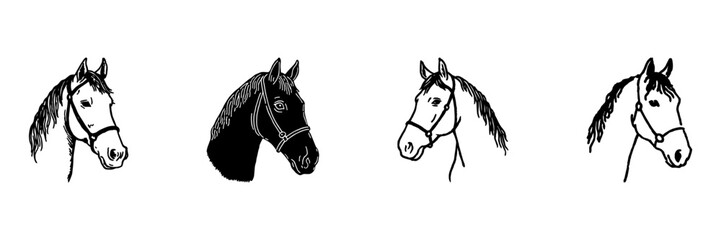 Fototapeta premium Horse Head Hand Drawn Doodle Icon Set. Equine Portrait Sketch Symbol Collection. Equestrian, Ranch And Animal Care Use. Isolated Vector Illustration