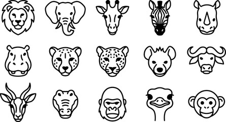 Set of fifteen hand drawn african animal head icons featuring lion elephant giraffe zebra rhino hippo cheetah leopard hyena buffalo antelope crocodile gorilla ostrich monkey © Aftab
