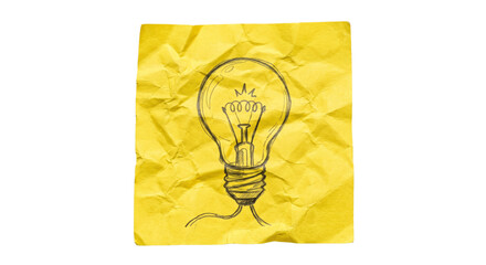 Hand-drawn light bulb sketch on crumpled yellow paper representing innovation and creativity © Sapphire