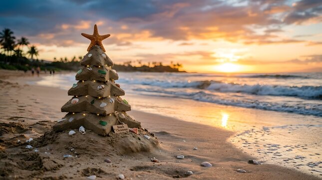 A creative christmas tree made of sand and seashells on a tropical beach at beautiful sunset