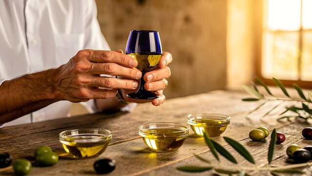 Olive Oil Taster Evaluating Premium Extra Virgin Olive Oil in Traditional Blue Tasting Glass