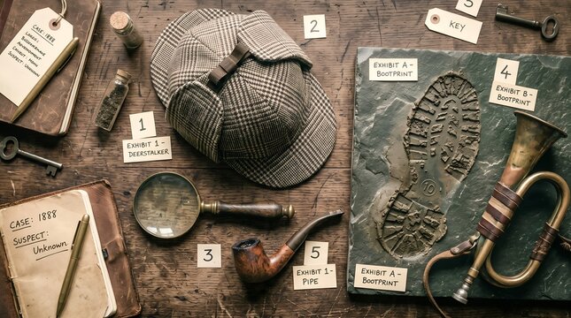 Flat lay of vintage detective investigation evidence with bootprint cast and deerstalker hat