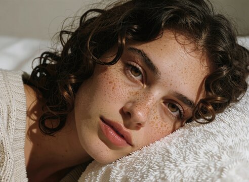 Close-up Portrait of Young Woman with Freckles Lying on White Towel