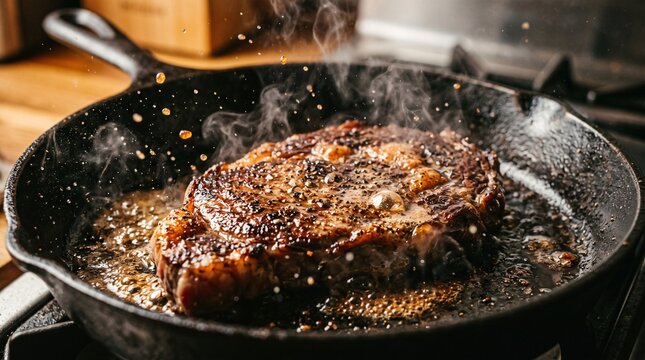 Juicy grilled beef steak sizzling in a cast iron skillet with steam and dramatic moody lighting