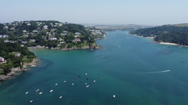 Aerial drone view of Salcombe, South Devon coastline and harbour, England