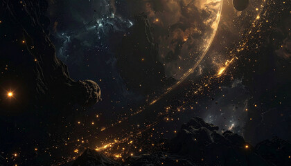 Cosmic space landscape with glowing asteroid belt and distant planet