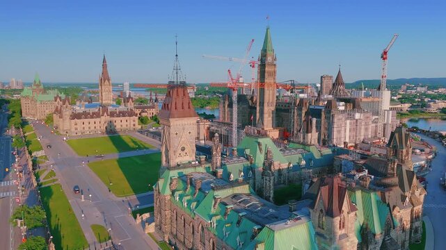 Ottawa, Ontario, Canada &ndash; July 25, 2026: Aerial view of Parliament Hill Centre Block construction