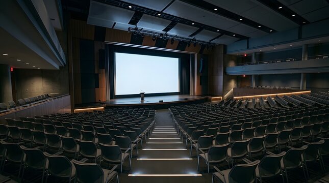 Large empty auditorium with rows of seats and a blank projection screen.