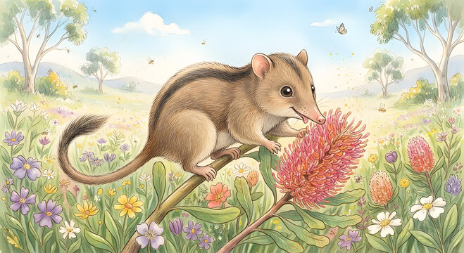 Cute honey possum exploring a blooming wildflower meadow watercolor illustration for children's book