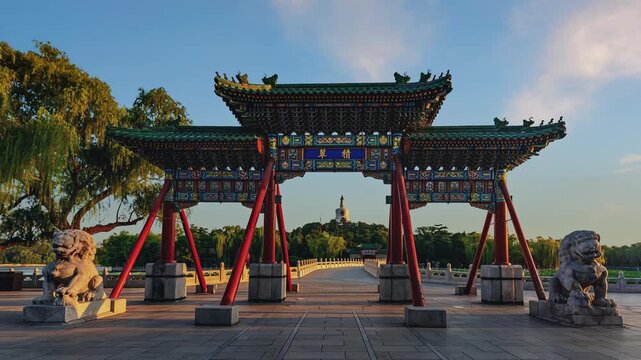 Timelapse of the iconic Ji Cui Archway entrance at Beihai Park, Beijing, capturing the changing light and tranquil surroundings during the day.