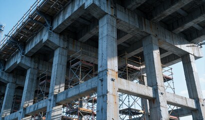 Fototapeta premium Massive Concrete Construction Structure Under Development Blue Sky Industrial Architecture